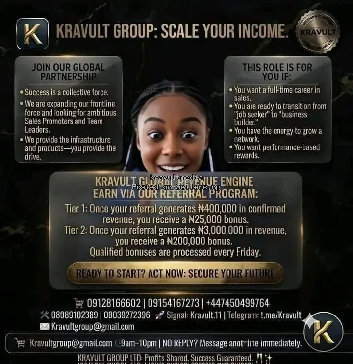 URGENT HIRING: Earn Up to ₦200k Weekly – Kravult Group Sales Partner - ₦200,000 in Lagos | SellersDotNG